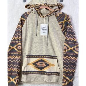 American Bling Hoodie Oatmeal Southwest Print Distressed S Sm Aztec Boho western